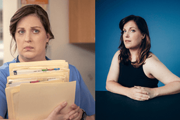 Split image: Allison Tolman as frazzled St. Denis Medical nurse Alex with charts (left); portrait in black top (right).