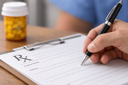 Close-up of a healthcare professional writing on a prescription pad with an amber pill bottle blurred in the background.