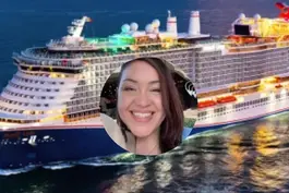 Carnival cruise ship at sea with a circular inset photo of a smiling woman, nurse Diana Sanders involved in a lawsuit over being overserved tequila alcohol onboard.