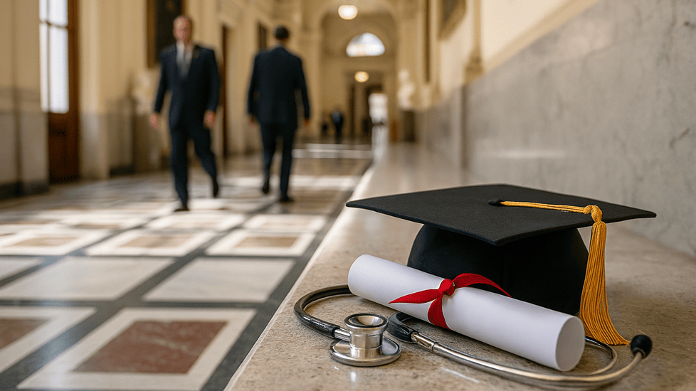 Graduation cap, diploma, and stethoscope on a marble ledge in the U.S. Capitol hallway with legislators walking in the background.