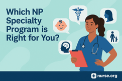 Nurse in scrubs with clipboard surrounded by icons for pediatrics, mental health, women’s health, and family care.
