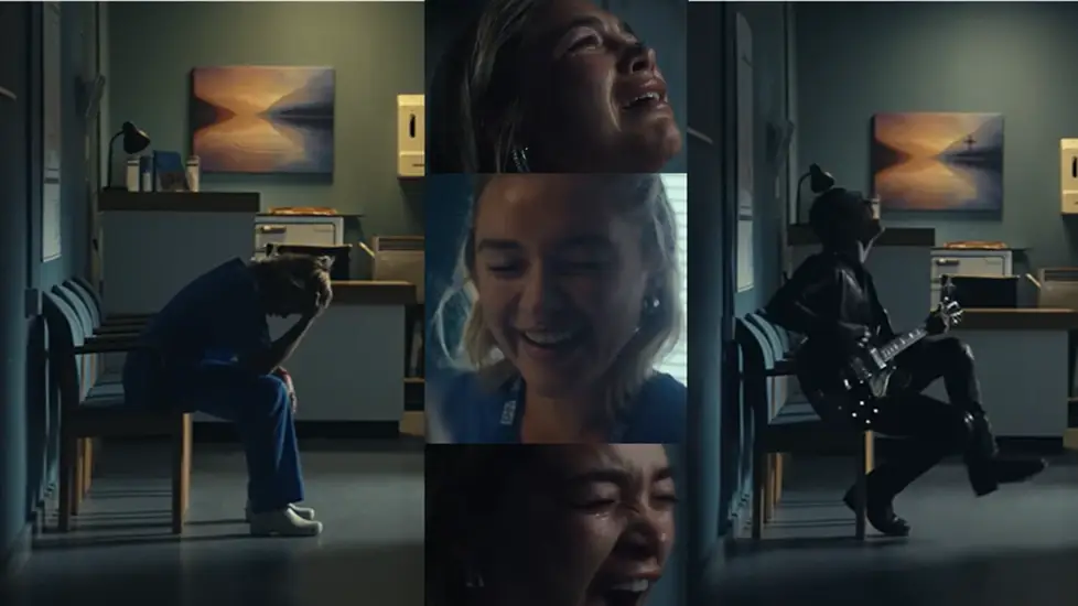 Florence Pugh as a nurse in Yungblud’s “Zombie” music video, shown in emotional highs and lows, sitting exhausted in scrubs and later with Yungblud playing guitar in a hospital corridor.