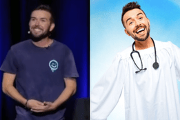 split image showing nurse blake comedian on stage and wearing a stethoscope and white robe