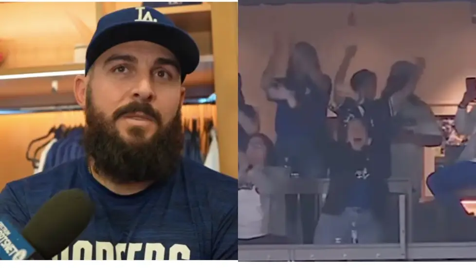 Split image showing Los Angeles Dodgers pitcher Alex Vesia speaking into a microphone, and a group of nurses and medical staff cheering in a stadium suite during a game.