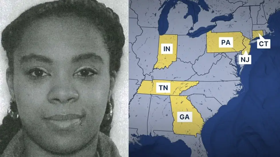 Map highlighting multiple U.S. states involved in fake nurse Shannon Womack's case, alongside a partial mugshot.