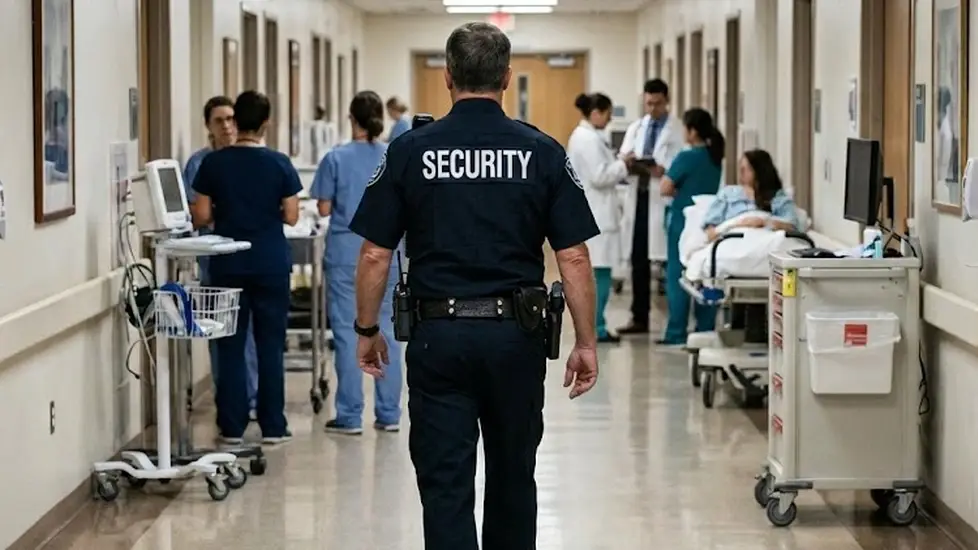 A security officer with "SECURITY" printed on the back of his uniform walks away from the camera down a busy hospital hallway.