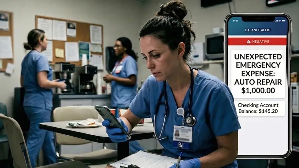 Nurse in a break room looks worried at a phone showing a negative balance after a $1,000 auto repair, while coworkers chat in the background.