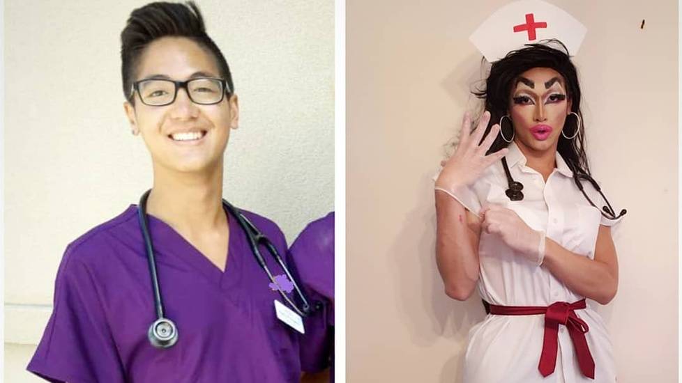 Side-by-side images showing Mandy Mango out of drag wearing purple medical scrubs with a stethoscope, and in drag wearing a white nurse-inspired outfit with dramatic makeup and a nurse cap.