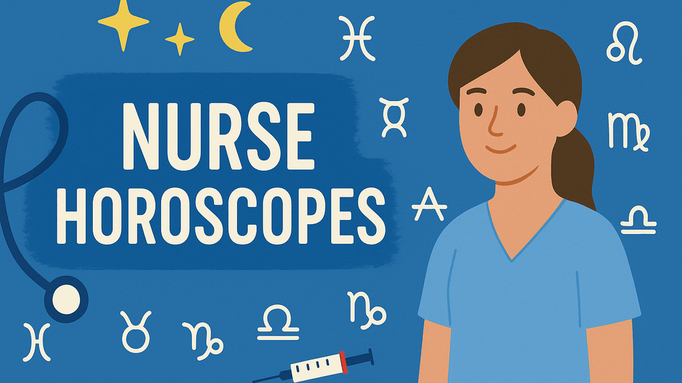 Banner with “Nurse Horoscopes” text, zodiac symbols, stethoscope, syringe, stars, and a nurse in blue scrubs on a blue background.
