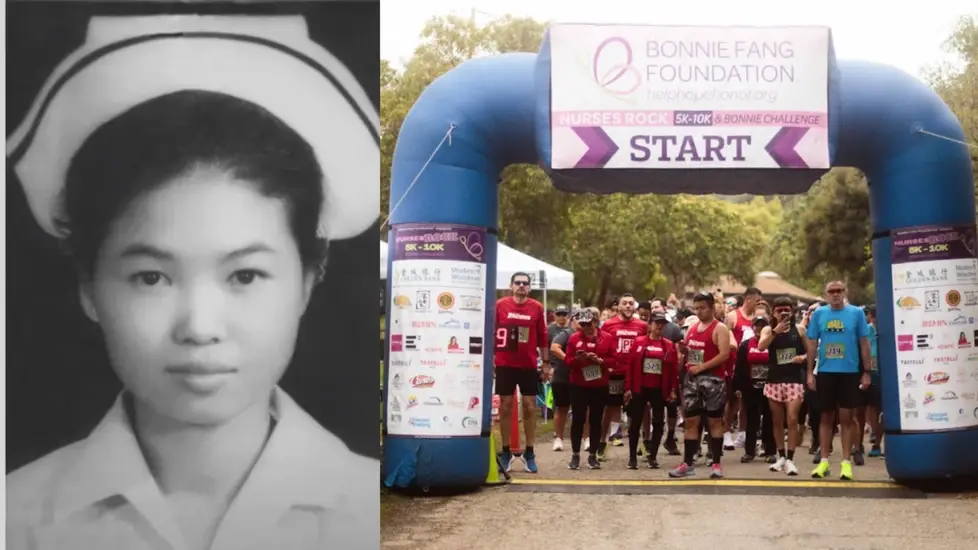 split image showing nurse Bonnie Fang and image from the Nurses Rock 5K/10K race