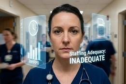 A worried nurse stands in a hospital hallway with transparent screens showing "RNHPPD" and data. Bold text reads: "Staffing Adequacy: INADEQUATE."