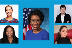 Collage of five women nurses highlighted for their leadership and impact in nursing, featuring professional headshots and portraits against neutral and office-style backgrounds.