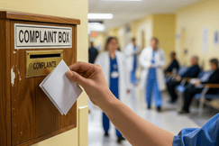 Hand submits a complaint into a wooden box in a busy hospital hallway.