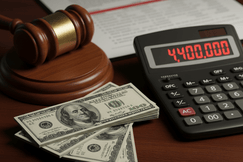 A judge's gavel on a wooden surface next to stacks of one hundred dollar bills and a calculator displaying '4,400,000'. In the blurred background, a legal document with a red highlight is visible.
