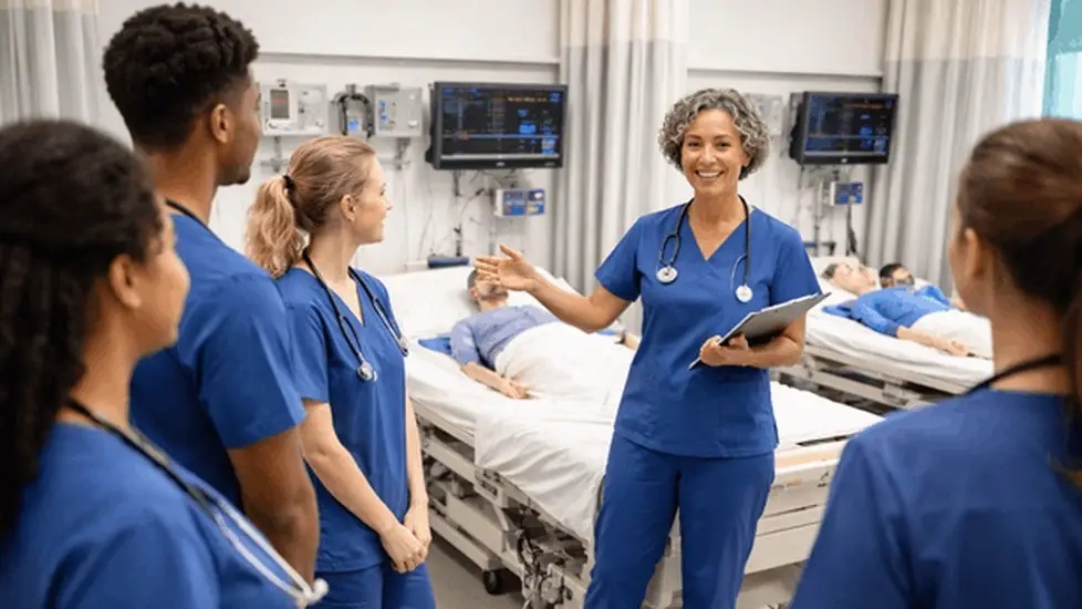 Nurse educator teaching a group of nursing students in a clinical simulation lab with patient mannequins and monitoring equipment.