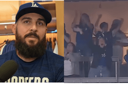 Split image showing Los Angeles Dodgers pitcher Alex Vesia speaking into a microphone, and a group of nurses and medical staff cheering in a stadium suite during a game.