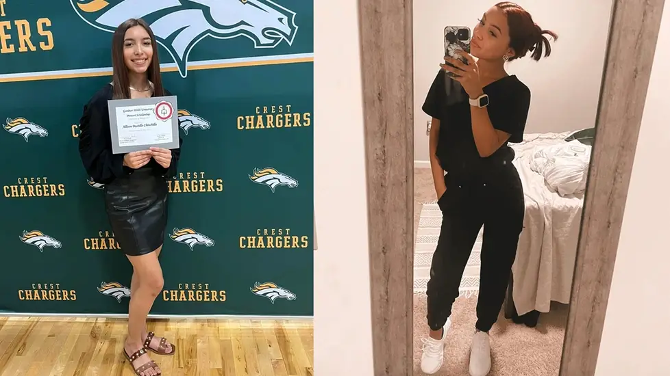 Left: Nursing student Allison Bustillo holding her Gardner-Webb University scholarship certificate at Crest High School. Right: Allison taking a mirror selfie in scrubs.