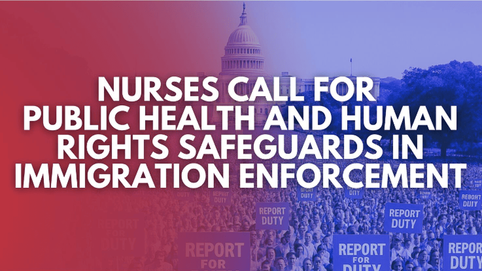 Nurses SHIFT Change promotional graphic with Capitol dome and protesters, calling nurses to sign petition for public health and human rights safeguards in immigration enforcement.