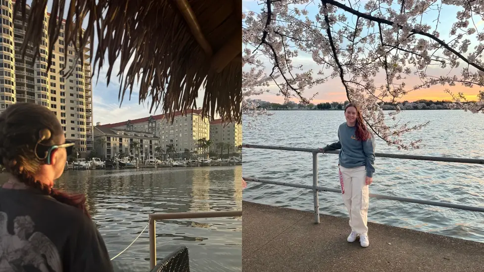 split image of hearing impaired nursing student celia o'leary wearing a cochlear implant