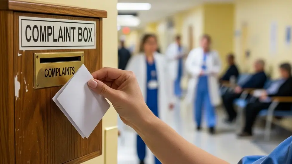 Hand submits a complaint into a wooden box in a busy hospital hallway.
