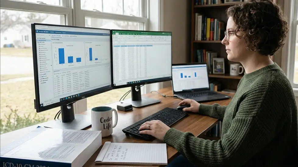 Remote medical biller coder at her computer