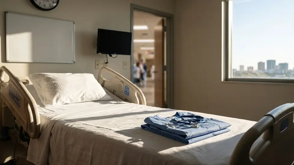 A photo of an empty hospital bed bathed in sunlight, with folded blue scrubs and a stethoscope on the foot of the bed.