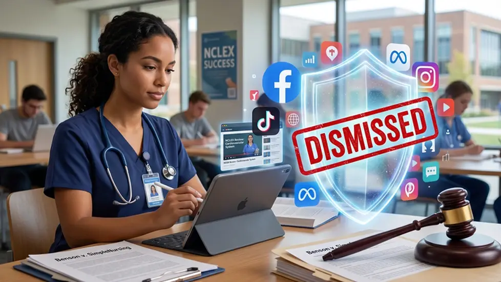 A nursing student uses a tablet. Above it, a digital shield blocks social media icons (Facebook, TikTok) with a red "DISMISSED" stamp, while a gavel rests nearby.