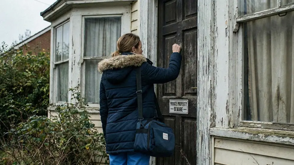 A home health nurse seen from behind knocks on the weathered door of a dilapidated house marked with a "PRIVATE PROPERTY - BEWARE" sign.