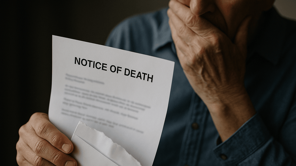 Person in a blue shirt holding a letter labeled 'Notice of Death,' looking shocked and covering their mouth with one hand.