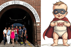 Group of first responders and NeoHERO Foundation members at Charleston Fire Department entrance; superhero baby mascot in cape with NHF text.