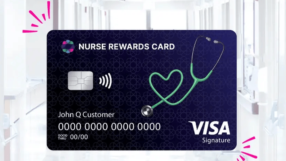 A Nurse Rewards Visa card with a stethoscope forming a heart, set against a hospital hallway background.