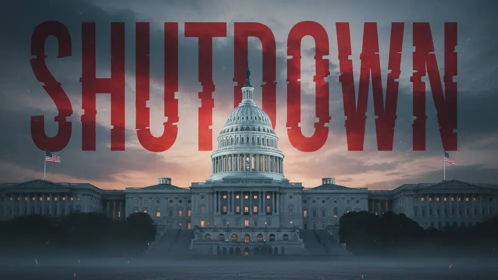 United States Capitol building at dusk under a cloudy sky with the word SHUTDOWN in large, translucent red letters superimposed above it, conveying the impact of the government shutdown.