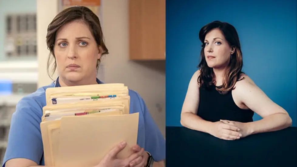 Split image: Allison Tolman as frazzled St. Denis Medical nurse Alex with charts (left); portrait in black top (right).