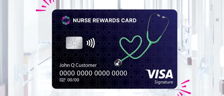 A Nurse Rewards Visa card with a stethoscope forming a heart, set against a hospital hallway background.