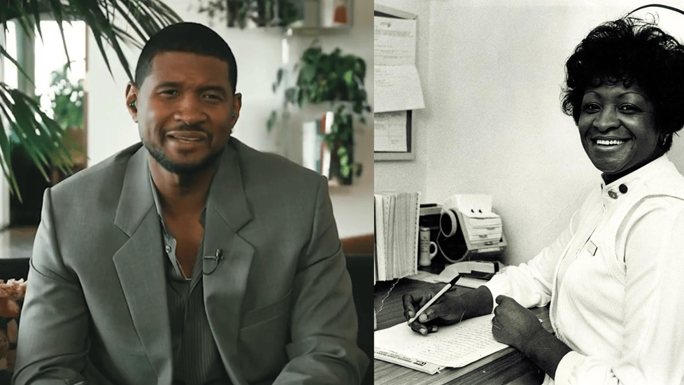 Left: Usher seated in a suit for an interview with Local3News. Right: His grandmother, Ernestine Carter, in a nursing uniform writing at a desk.