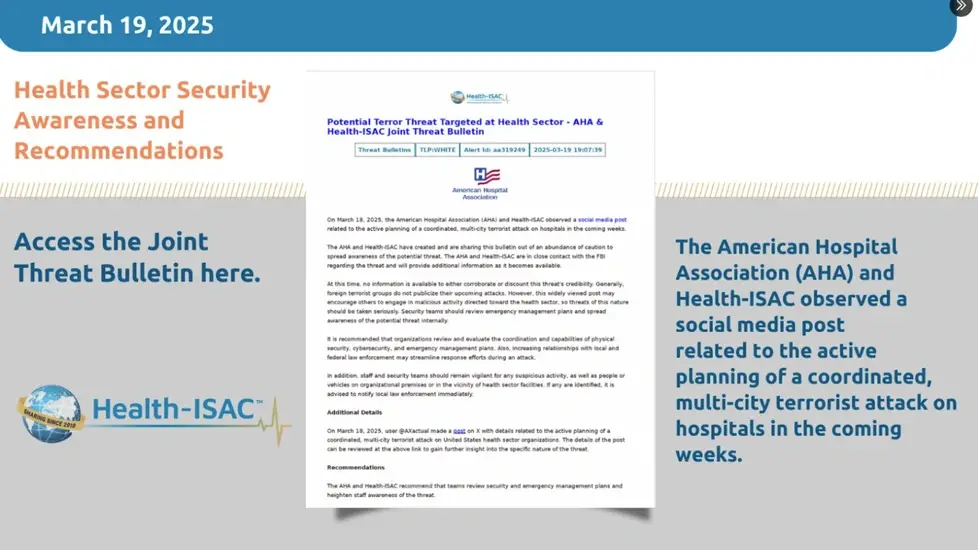 FBI Advises No Specific Credible Threat Targeting Hospitals, AHA & Health-ISAC Bulletin