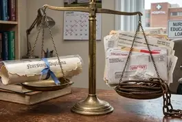 A vintage brass balance scale on a worn wooden desk contrasts a rolled nursing diploma on one tray with a heavily weighted stack of student loan papers and a rusty chain on the other.