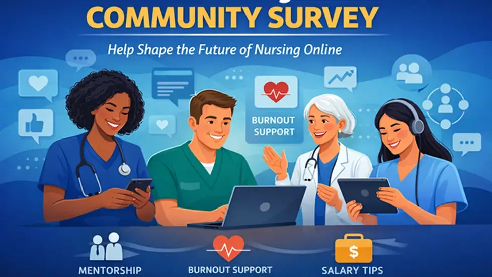Illustration of diverse nurses using laptops and tablets, representing an online nursing community focused on mentorship, burnout support, and career resources.