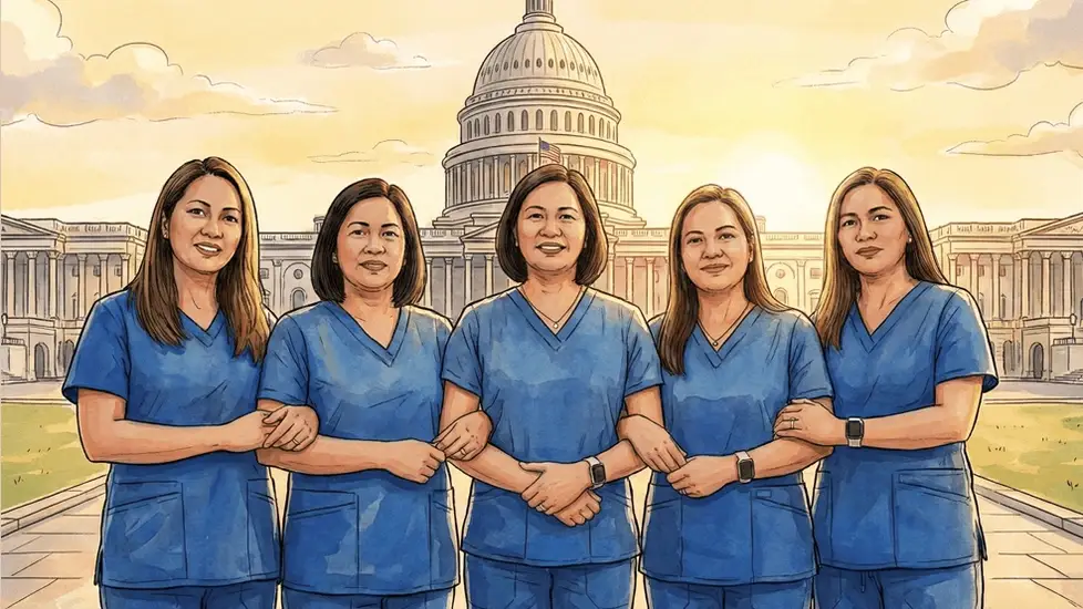 A watercolor illustration shows five Filipino nurses in blue scrubs with linked arms, standing in front of the U.S. Capitol building at sunrise.