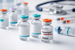 Close-up of injectable medication vials on a white clinical surface, with one vial standing out from the others to illustrate counterfeit drug concerns.