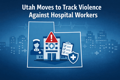 Graphic of the state of Utah with hospital, nurse, and incident report icons highlighting a new law aimed at tracking violence against hospital workers.