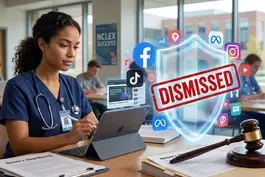 A nursing student uses a tablet. Above it, a digital shield blocks social media icons (Facebook, TikTok) with a red "DISMISSED" stamp, while a gavel rests nearby.