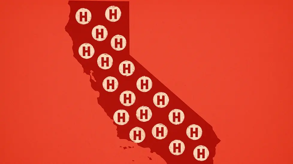 Red map of California with white hospital icons showing financially distressed hospitals across the state.