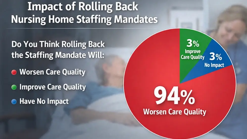 Pie chart showing 94% of nurses say rolling back nursing home staffing rules will worsen patient care, with 3% saying it would improve care and 3% saying it would have no impact.