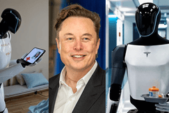 Tesla Optimus humanoid robot in black and white, holding a tablet showing patient information and a tray with medicine bottles, demonstrating its potential as a nursing assistant in healthcare setting