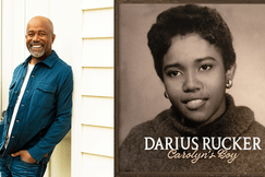 Darius Rucker in a blue jacket stands by a wall; next to him is an album cover for his 'Carolyn's Boy' album with a vintage photo of his mother.