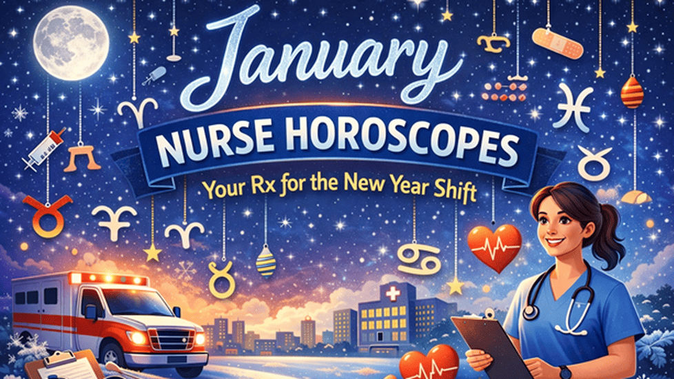 Illustration of a nurse in blue scrubs holding a clipboard under a starry night sky with zodiac symbols and the text “January Nurse Horoscopes.”