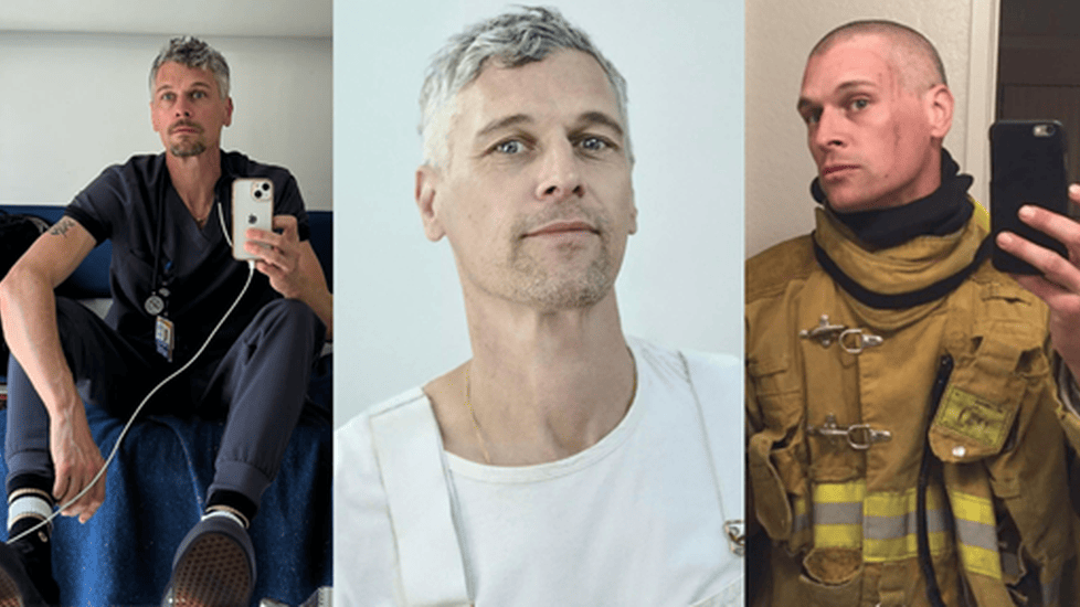 Ned Brower shown in three side-by-side photos—wearing ER scrubs during a mirror selfie, a neutral portrait in a white shirt, and firefighter turnout gear—reflecting his varied career background.