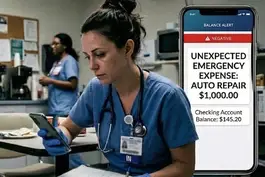 Nurse in a break room looks worried at a phone showing a negative balance after a $1,000 auto repair, while coworkers chat in the background.