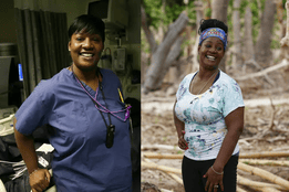 Side-by-side of Cirie Fields: in her nursing scrubs at work and on Survivor in the jungle.